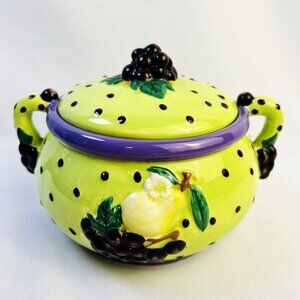 CBK Purple & Lime Green Ceramic Whimsical Vintage Lidded Pot Grapes Pears 7”